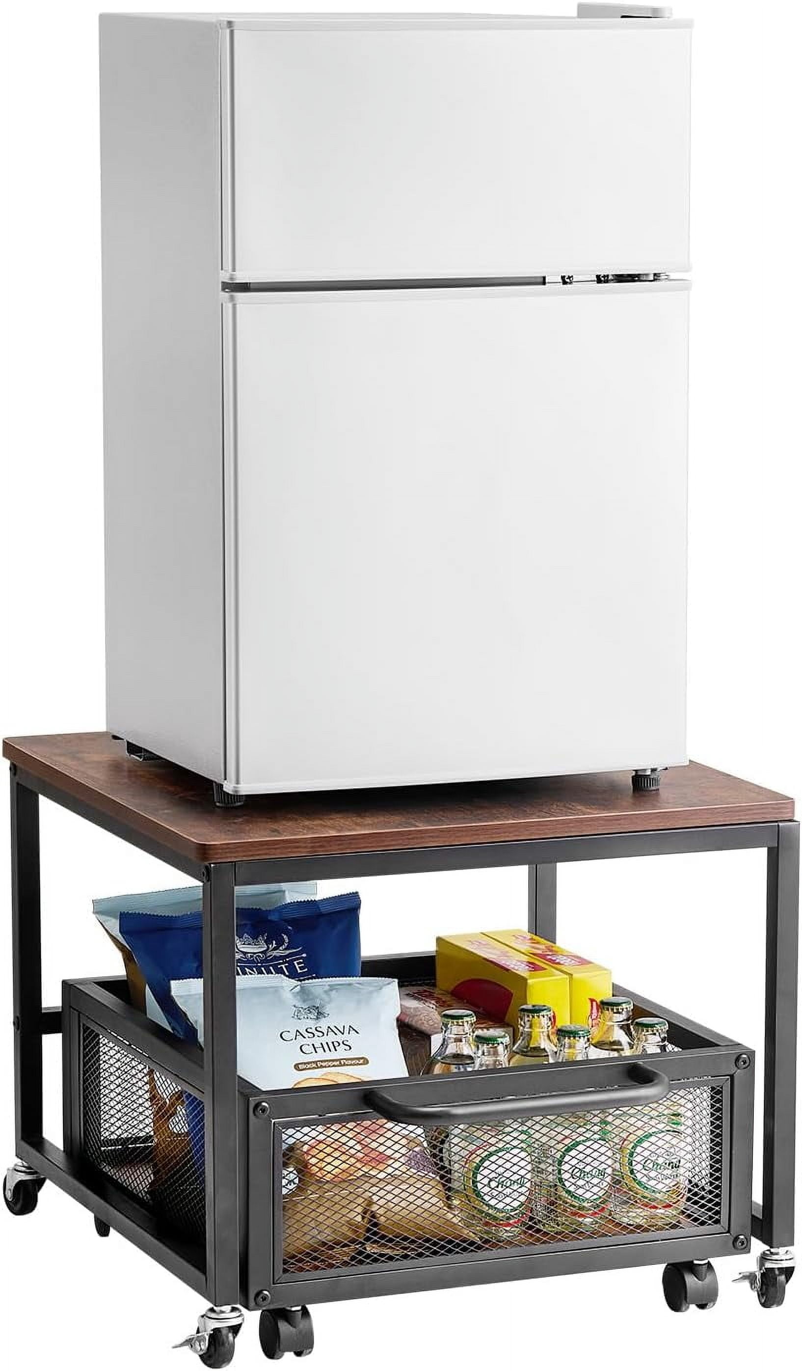 QHTER Mini Fridge Stand with Storage, 198 lbs Mini Fridge Table with Movable Storage Cart & Swivel Wheels, Beverage Refrigerator Stand for Coffee Bar, Mini Fridge Organizer for Home Dorm, Dark Brown