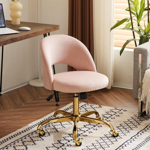 QHTER Modern Velvet Small Office Chair,Cute Desk Chair with Wheels,Gold Base/Studs, Comfy Armless Swivel Vanity Task Chair for Women/Girl/Kids, Nail Tech Chair for Bedroom,Small Space,Pink