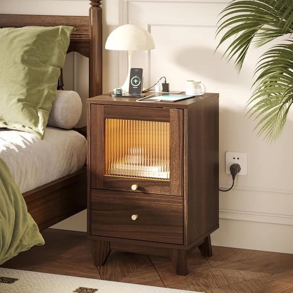 QHTER Nightstand with Charging Station, Led Night Stand with Fluted Glass Drawers, Walnut Nightstand Mid Century Modern 2 Drawer Woodn Bedside Table/End Table/Side Table for Bedroom, Walnut