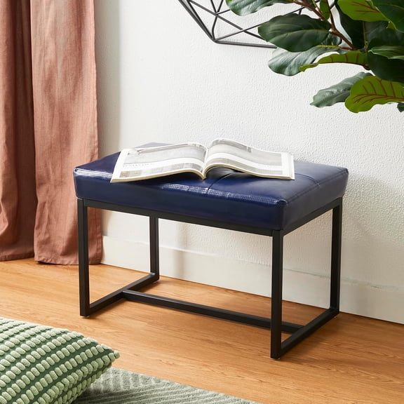 QHTER Ottoman Bench, Modern PU Leather Vanity Stools Chairs with Metal Frame, Makeup Stool Padded Foot Rest Stool for Living Room Vanity, Entryway, Bathroom,Navy Blue