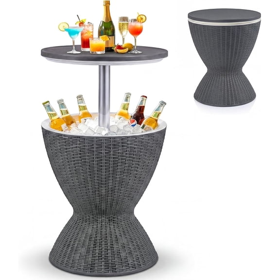 QHTER Outdoor Ice Cooler Side Table with Adjustable Height, 8 Gal Beverage Bucket with Drain Plug, Rattan Patio Bar Table for Poolside, Deck, BBQ & Backyard Parties