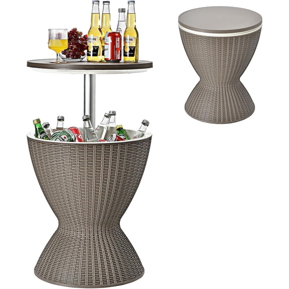 QHTER Outdoor Ice Cooler Side Table with Adjustable Height, 8 Gal Beverage Bucket with Drain Plug, Rattan Patio Bar Table for Poolside, Deck, BBQ & Backyard Parties