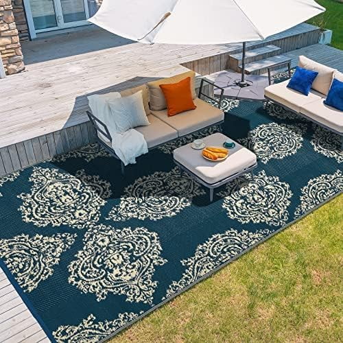 QHTER Outdoor Rug, 8x10ft Waterproof Reversible Mat Indoor Outdoor Rugs Carpet, Small Area Rug Plastic Straw Rug for Patio Deck Balcony Pool RV Camping Beach Picnic, Blue & Beige, Rugscape Series