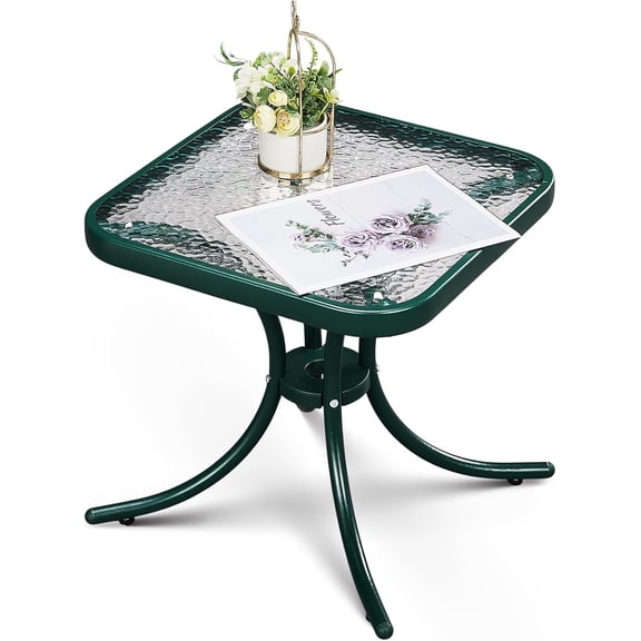 QHTER Outdoor Side Table, 18" Patio Table Steel Frame Tempered Glass Top, Weatherproof Small Tables for Balcony Garden Poolside (Green, Square)