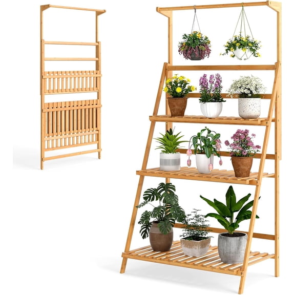 QHTER Plant Stand Indoor Outdoor - Bamboo 3-Tier Hanging Tall Ladder Flower Pot Display Organizer Rack w/Height Adjustable Rod, Folding Plant Shelf Holder for Living Room Corner Patio Garden Balcony