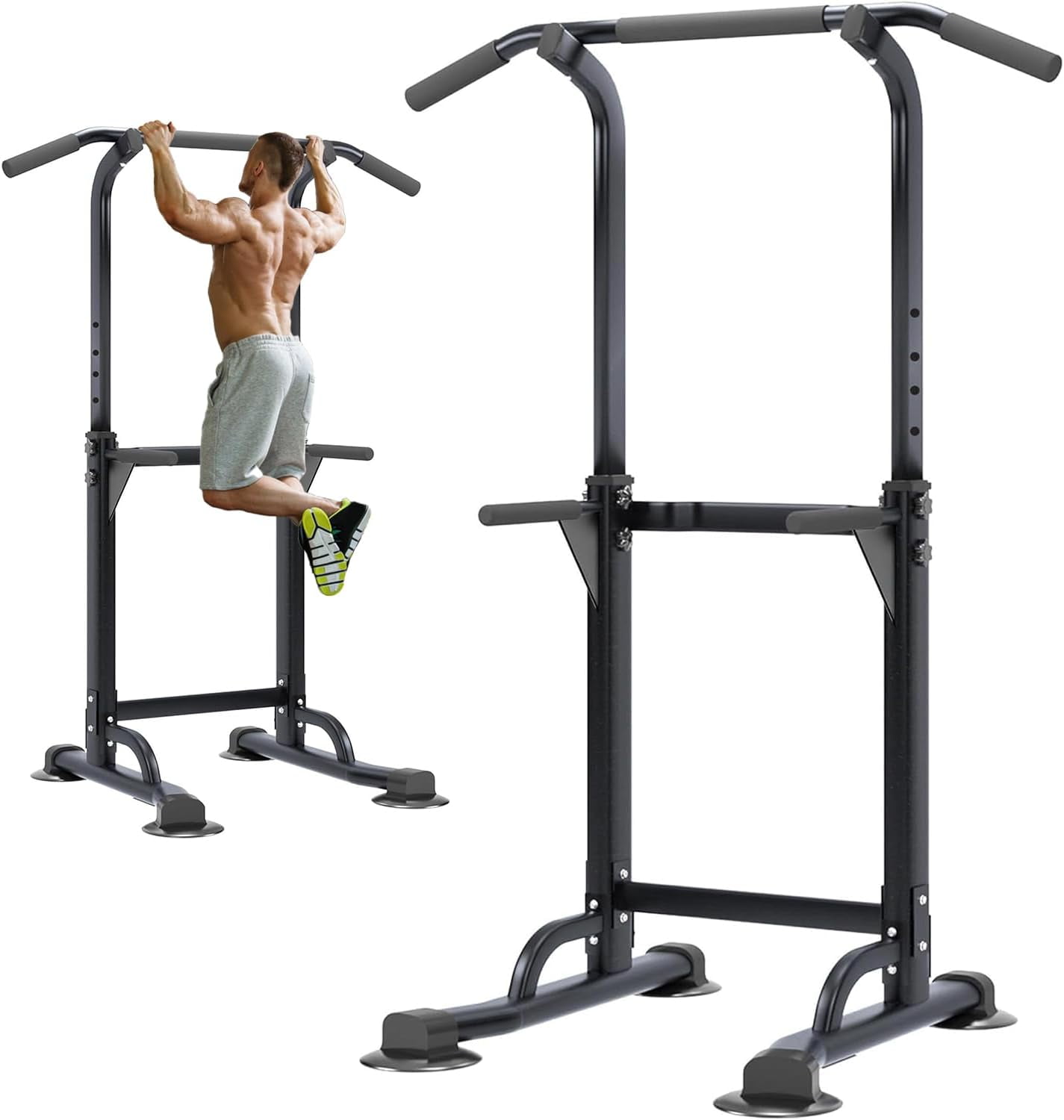 QHTER Power Tower Pull Up Bar Station, Free Standing Pull Up Rack Dip Station for Home Gym, Height Adjustable Home Strength Training Fitness Workout Equipment