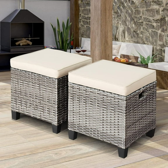 QHTER Set of 2 Outdoor Ottoman, 16 Wicker Foot Stools, All-Weather Rattan Cube Footstool w/Removable Cushions, Square Footrest Extra Seating for Patio, Porch, Deck, Easy Assembly (Beige)