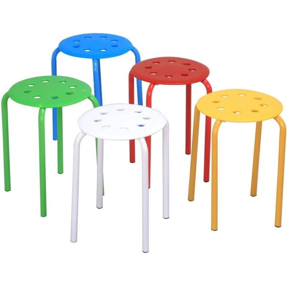 QHTER Set of 5 Classroom Stackable Stools Plastic Stack Stools Blue/Green/Red/White/Yellow Bar Stools Set 17.3in Height