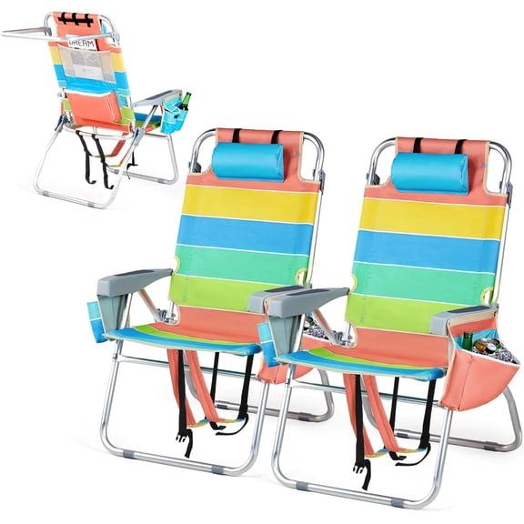 QHTER Tall Beach Chair 2 Pack Lightweight, Backpack Beach Chair for Adults with 5-Position, Cooler Bag, Cup Holders, Towel Bar, Folding Beach Camping Chairs16-Rainbow