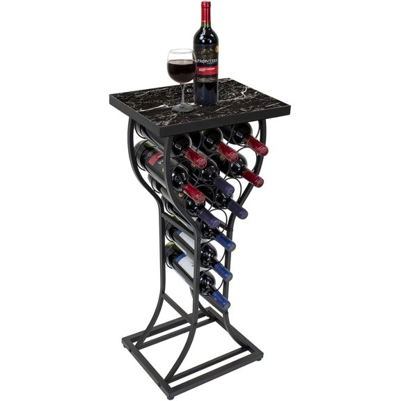 QHTER Wine Rack Console for Home Bar - Mini Wine Stand with Faux Black Marble Table Top - Durable Metal Freestanding Wine Storage Cabinet Shelf - Wine Racks Free Standing Floor Holds 11 Wine Bottles
