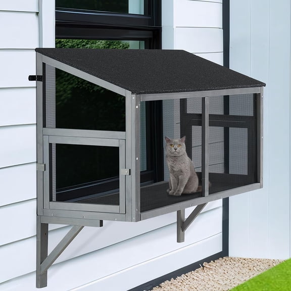 QHTERBug Proof Cat Catio, Window Cat House with Metal Mesh, Outdoor Enclosure for Indoor Pets, Expandable Wooden Perch, Safe Comfortable Haven for Pets, Keep Bugs Insects Out