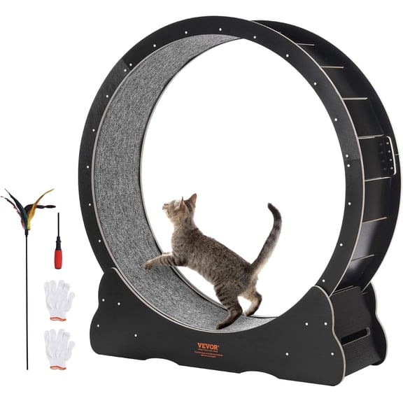 QHTERCat Exercise Wheel, 43.3" Large Cat Treadmill for Indoor Pets, Running Wheel with Detachable Carpet & Cats Teaser Toy for Running/Walking/Training, Suitable for Most Cats Black