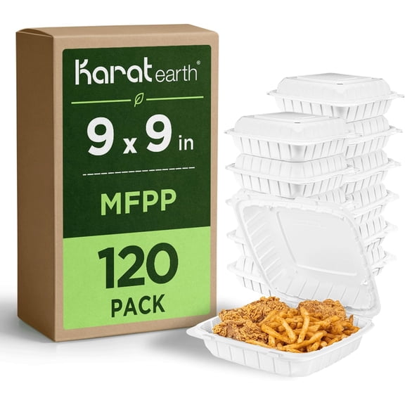 QHTERClamshell Take Out Food Containers [9"x9" - 120 ct] To Go Containers | Microwavable, Freezer Safe, Soak-Resistant, Durable, Stackable | Vented for Hot/Cold Foods, White