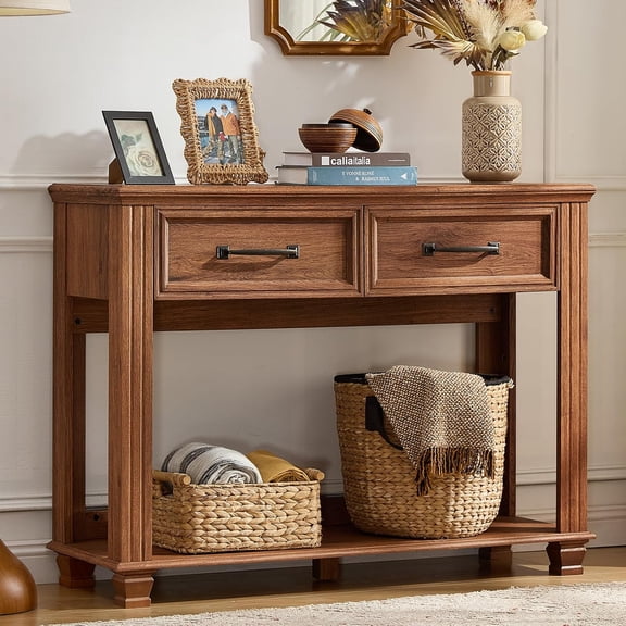 QHTERFarmhouse 46" Console Table with 2 Drawers, Rustic Wood 2 Tier Entryway Table with Open Storage Shelf for Entry, Large Mid-Century Vintage Sofa Tables Behind Couch for Living Room, Brown