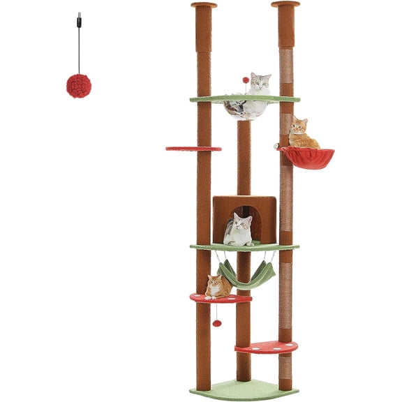 QHTERFloor to Ceiling Cat Tree 92.9-101.6 Height Adjustable Mushroom Cat Tower Tall Climbing Play House with Scratching Posts, Cozy Condo, Perches and Large Hammock for Indoor Cats Brown