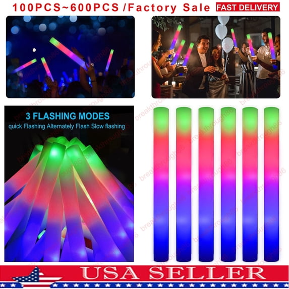 QHTT Pack of 100pcs Foam Sticks Colorful LED Foam Glow Sticks Flashing Glow Wands Light Up Rave Glowsticks for DJ Cheer Flashing Wedding Birthday Party Christmas Gift