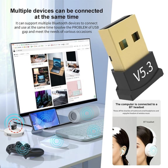 QHUDLV 1/2 Pcs Bluetooth 5.3 Adapter for Pc, USB Bluetooth Adapter for Pc, Plug & Play Bluetooth Dongle Receiver/Transmitter for Desktop, Laptop, Speaker, Mouse, Keyboard, Headphones