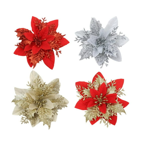 QHUDLV 10PCS Christmas Ornament Flower, Glittering Decoration for Christmas Tree, Wreaths and Home Decor, Elegant Plastic and Cloth Design(Red)