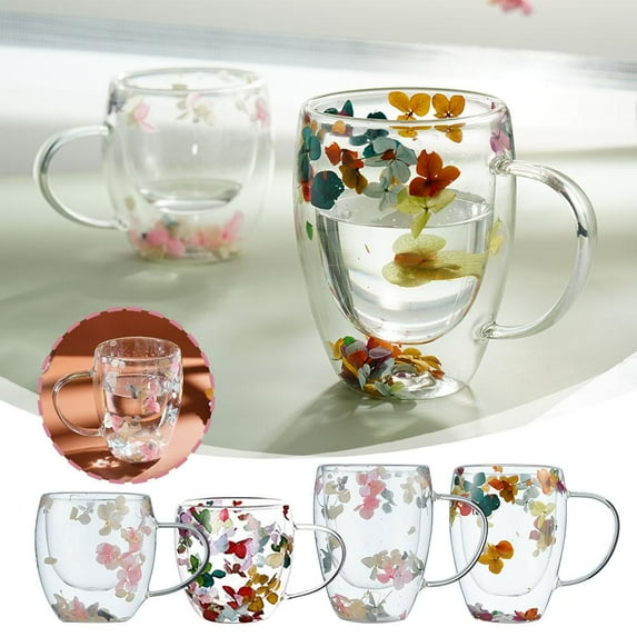 QHUDLV 250/350ml Dried Flowers Double Wall Glass Coffee Mugs,Cute Dried Flowers Tea Cups with Handles,Double Wall Glass Mug Cup with Dry Flower,for Valentines Day Christmas Birthday Gift