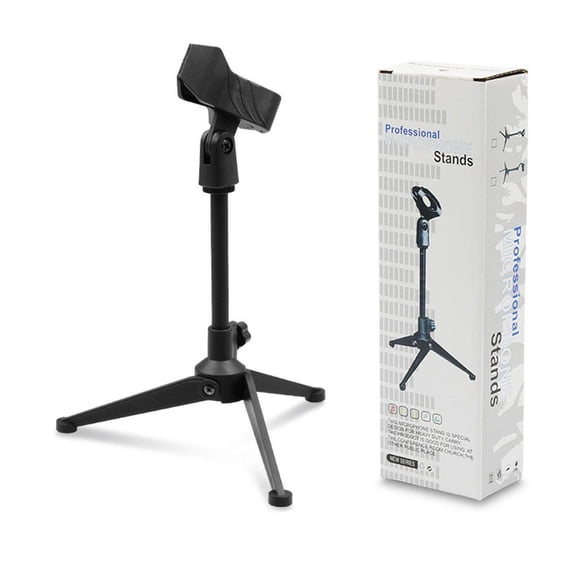 QHUDLV 3-Leg Microphone Desk Stand, Adjustable Holder for Wired or Wireless Mics, Includes Fill Light Mount and Accessories