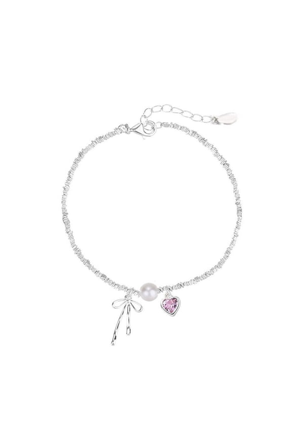 Dainty Heart & Bow Pearl Bracelet for Women Adjustable Sterling Silver Chain with Beaded ,Elegant Minimalist Jewelry for Girls,Friendship Gift for Birthday,Valentines Day & Special Occasions