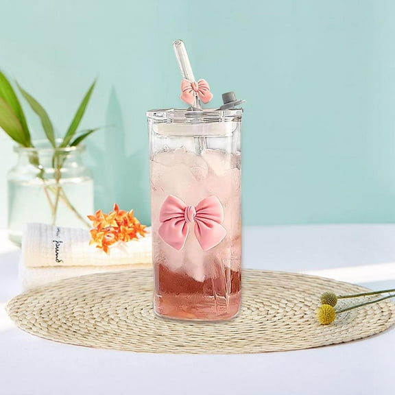 QHUDLV Bow Aesthetic Cup - Bow Glass Cup,Cute Glass Cups with Lids and Straws,Bow Tumbler Iced Coffee B Cups for Girls Tumbler