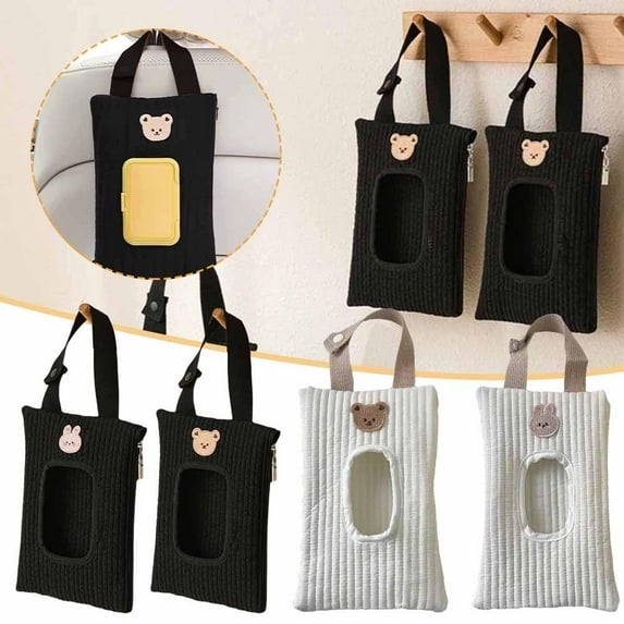 QHUDLV Car Seat Back Hanging Tissue Box Holder with Wet Wipes Pouch Cute Cartoon Design for Baby Stroller Kids Travel Vehicle Organizer Auto Accessories Storage Bag