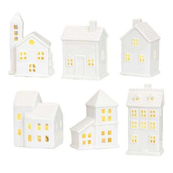 QHUDLV Ceramic Christmas Village Set,White Porcelain LED Houses,Holiday Town Scene Tabletop Decoration