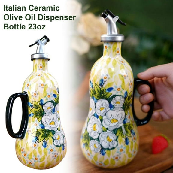 QHUDLV Ceramic Olive Oil Dispenser Bottle 15oz, Hand Painted Decorative Stoneware Cruet for Kitchen With Stainless Steel Spout for Oils, Vinegar, Coffee Syrups, Sauces