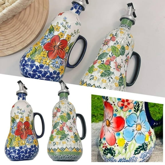QHUDLV Ceramic Olive Oil Dispenser Bottle 24oz, Hand Painted Olive Oil Bottles for Kitchen, Decorative Stoneware Olive Oil Cruet with Stainless Steel Spout for Oils, Vinegar, Coffee Syrups, Sauces