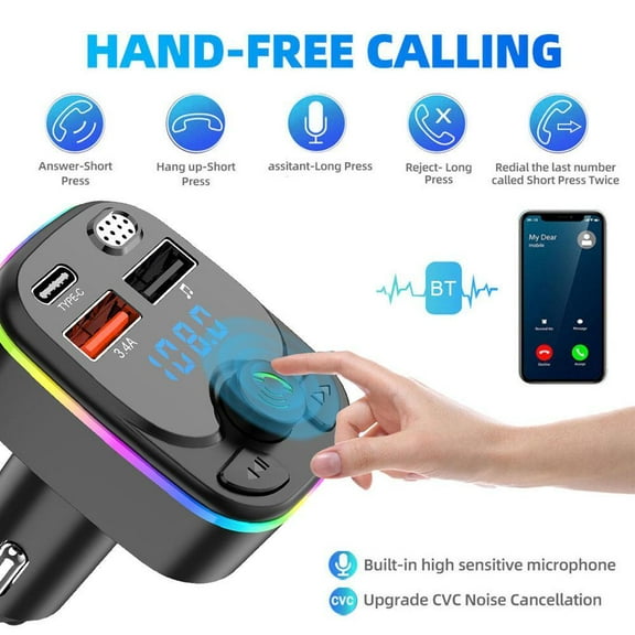 QHUDLV Cikiki Car Bluetooth 5.0 Transmitter PD Type-C Dual USB 3.1A Colorful Player Light Handsfree Modulator Ambient MP3