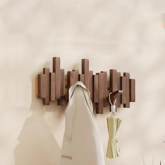 QHUDLV Wood Coat Rack,Wall Mounted Flip Hooks,No‑Drill High‑Bearing Design