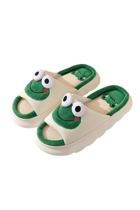 Cute Cartoon Frog Linen Slippers, Universal Indoor Home Footwear for All Seasons, Non-Slip Design