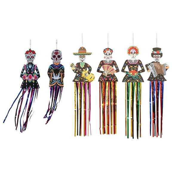 QHUDLV Day of The Dead Halloween Decorations, Hanging Skeleton Ghost Banner with Sugar Skull Design, Dia de Los Muertos Door Hanger for Outdoor or Indoor Party Decor