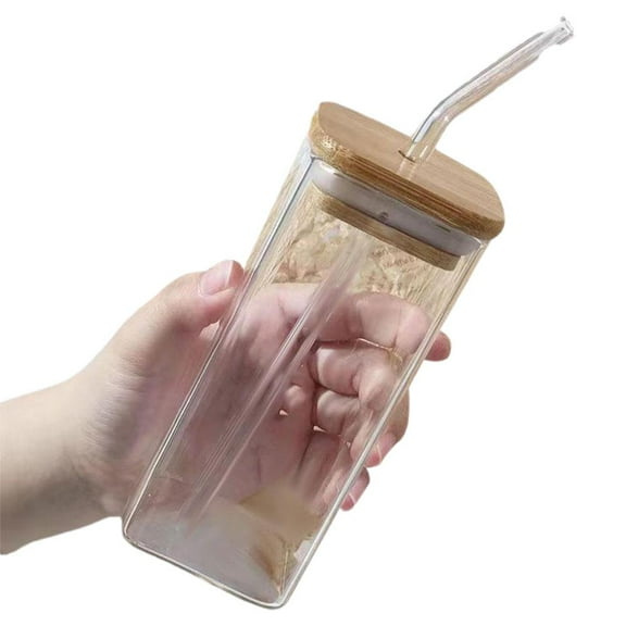 QHUDLV Glass Iced Coffee Cups with Lids and Glass Straws, Bubble Tea Cups Set for Cocktails, Tumbler Iced Tea Glasses Coffee Cup, Reusable Boba Cup Straw, Smoothie