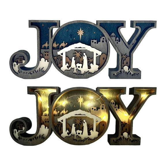 QHUDLV Lighted Nativity Scene Decoration, 3D Wooden Tabletop Nativity Letters with Warm Lights, Christmas Religious Display Decor