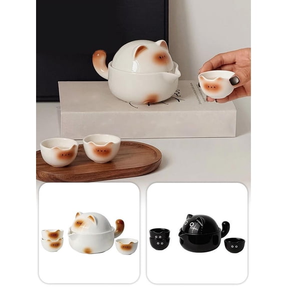 QHUDLV Portable Ceramic Tea Cup Set,Cute Cat Real Porcelain Tea Pot,Lucky Cat Porcelain Teapot Set with Tea Strainer,Lids,Suitable for Travel Outdoor Picnic Office Work Home