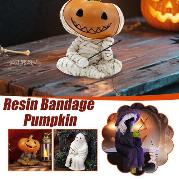 QHUDLV Pumpkin Fisherman Figurine,Funny Halloween Decorations,Pumpkin Scarecrow Statue Holding Fishing Rod Resin Sculpture for Outdoor Garden Yard Lawn Pond Waterfalls Pool Ornaments