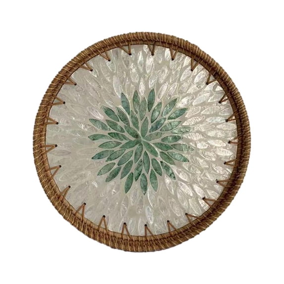 QHUDLV RJSQAQE Round Rattan Serving Tray with Mother of Pearl Inlay,Hand Woven Decorative Eating Tray with Wood Base,Decorative Wicker Baskets Woven Serving Tray for Coffee Table
