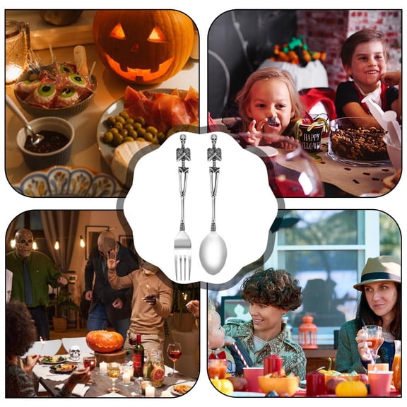 QHUDLV Stainless Steel Skeleton Fork & Spoon Set Goth Silverware, Skull Design Flatware, for Halloween Easter Christmas