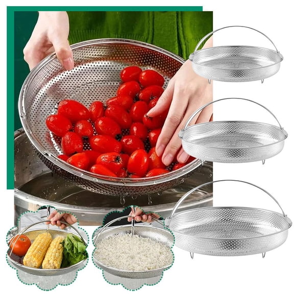 QHUDLV Steamer Basket for Cooking,Multiple Use as Rice Pasta Fruit Washer,Stainless Steel Food Steamer Basket with Handle and Base Leg,Pan Steamer Basket Insert, Strainer and Rice Washer