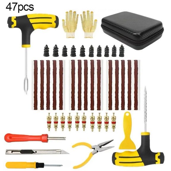 QHUDLV Tubeless Tire Repair Kit, 47pcs Emergency Plug Patch Set, Portable Quick-Seal Expander Tool for Cars Motorcycles Road Trips