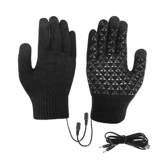 QHUDLV USB Heated Gloves, Acrylic Winter Knit with Touch Screen Fingertips, Full-Finger Warming Gloves, Black/Gray
