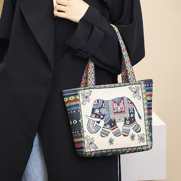 QHUDLV White Background Blue Elephant 23x25x8 Chinese Style Embroidery Woven Ladies Hand Held Tote Bag National Style Little Elephant Middle Aged Mother Handbag Small Flower Canvas Walmart