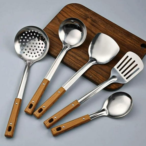 QHUDLV Wok Spatula,Slotted Spatulas,Ladle,Skimmer Ladle Tool Set, Stainless Steel Kitchen Utensils Set, Mirror Polished Stainless Steel Cooking Utensils