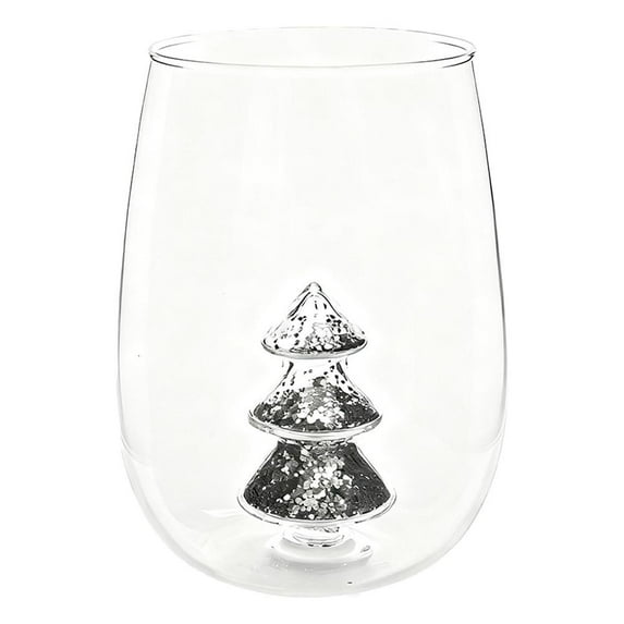 QHUDLV Yuletide Stemless Wine Glass 3D Christmas Tree Inside with Green Glitter Design, Holiday Drinking Cup for Wine, Juice, Milk Unique Christmas Party Barware & Gift for Friends, Lovers, Family