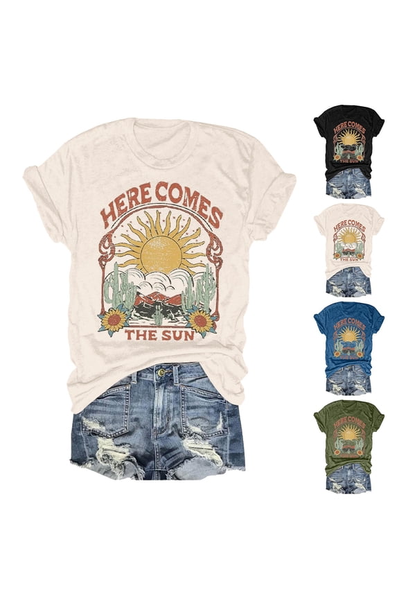T Shirts For Women Graphic Here Comes The Sun Graphic Tees Retro Vintage Hippie Tshirts Top