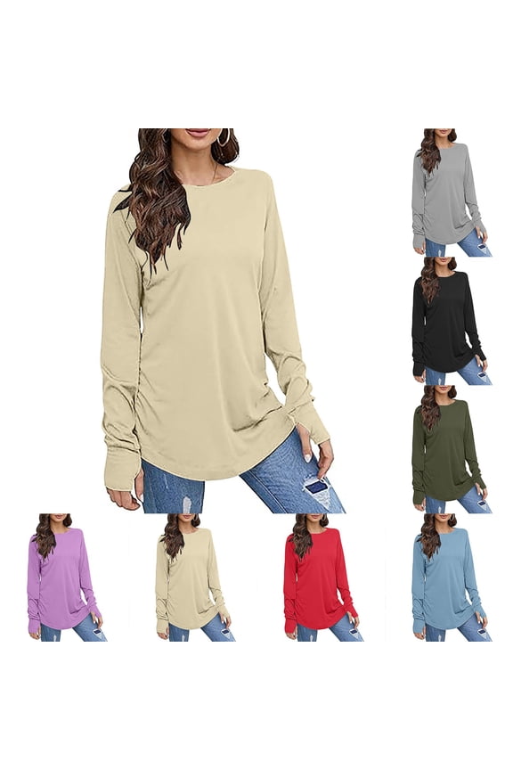 T Shirts For Women Graphic Long Sleeve Crew Neck Round Hem Loose Tunic With Thumb Holes Tshirts Top