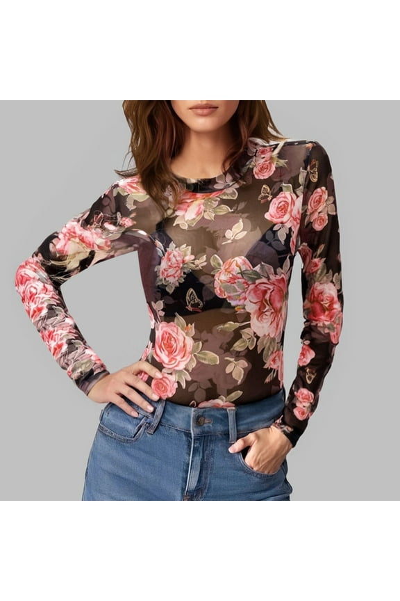 T Shirts For Women Graphic Mesh Long Sleeve Layering Neck Floral Embroidery Sheer See Through Tee Shirt Blouse Tshirts Top