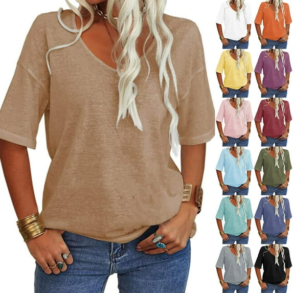 QHWAUAKFBN T Shirts For Women Graphic Summer Short Sleeve Printed Shirts Button Down Crew Neck Work Blouses Tshirts Top